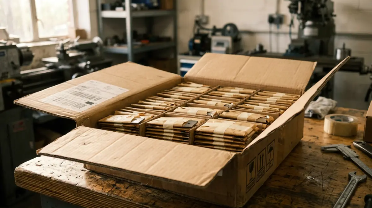 Open export carton with rows of oil-paper wrapped finished blades on a workshop bench