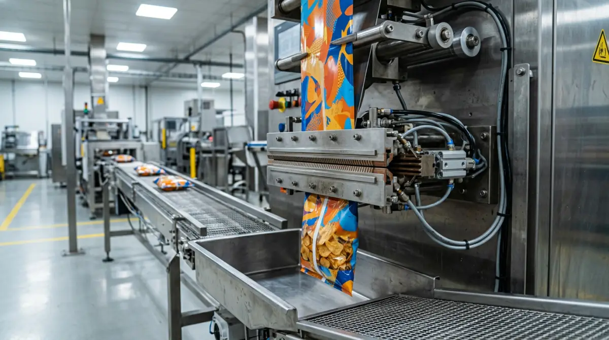 VFFS pouch packaging line with sealing jaws closing on printed laminate film