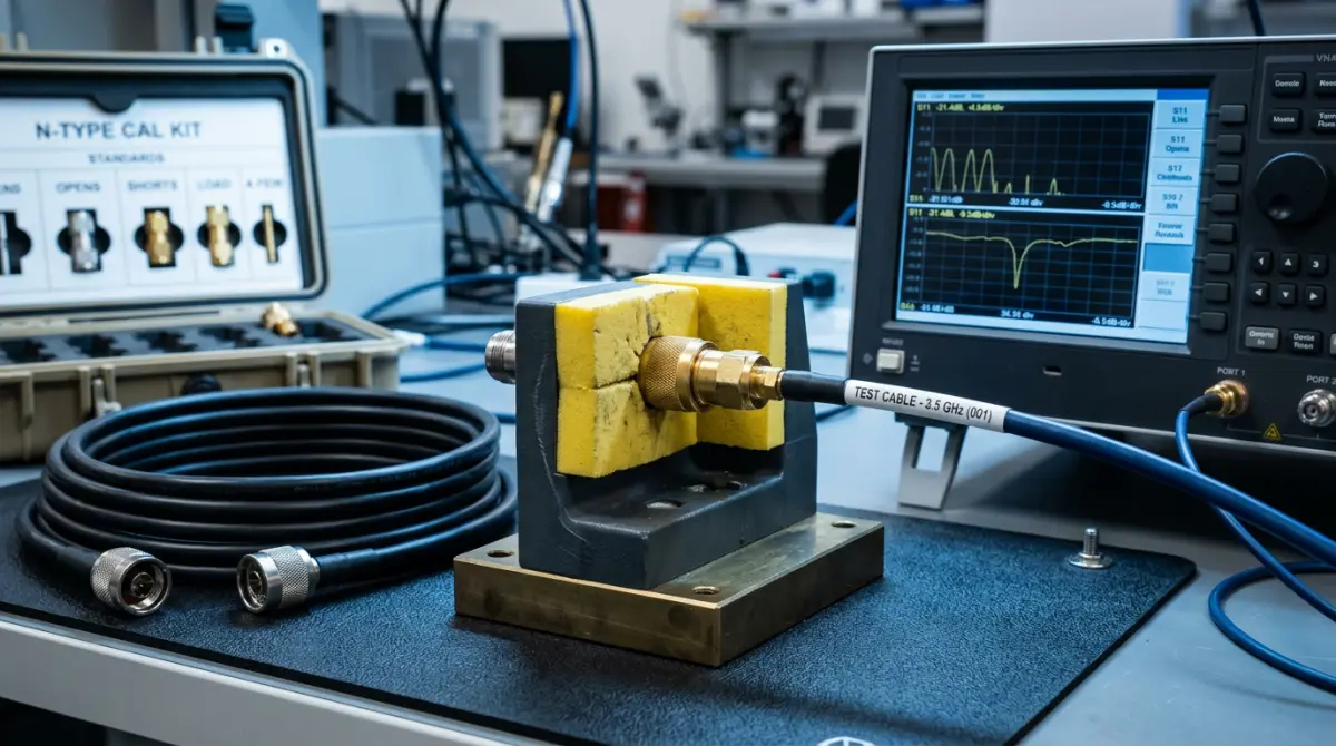 RF test bench with vector network analyser and N-type connector in fixture